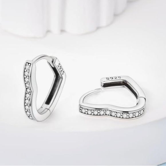 Sterling Silver 925 heart Hoop Earrings with CZ - Picture 2 of 3